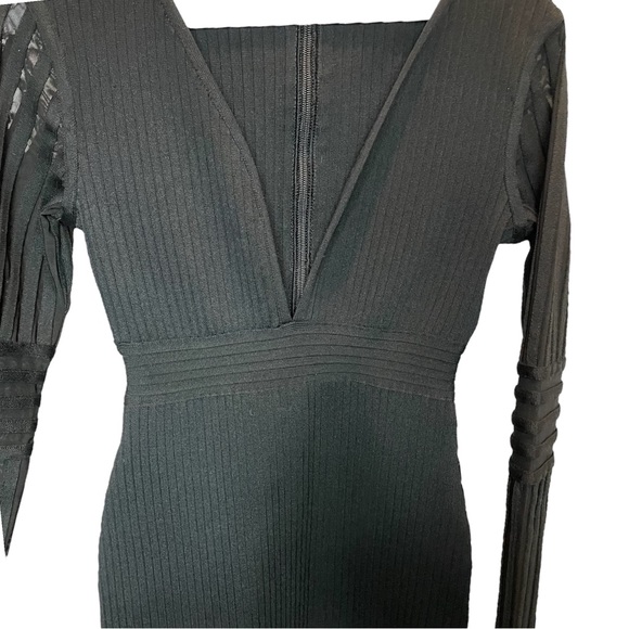 F&P Black Ribbed Dress with Plunging Neckline and Sheer Ribbed Sleeves - Picture 4 of 10